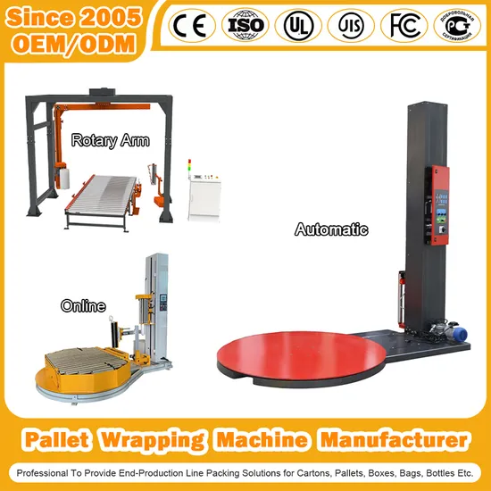 Automatic Pallet Wrapping Machine Manufacturer Shrink Packaging Carton Sealing Strapping Rotary Arm Stretch Film Roll Inline/Online Horizontal Wrapping Machine 